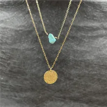 

2022 New Fashion Women Green Nature Stone Coin Pendant Chain Necklace Women Sexy Party Double Layer Clavicle Necklace Jewelry