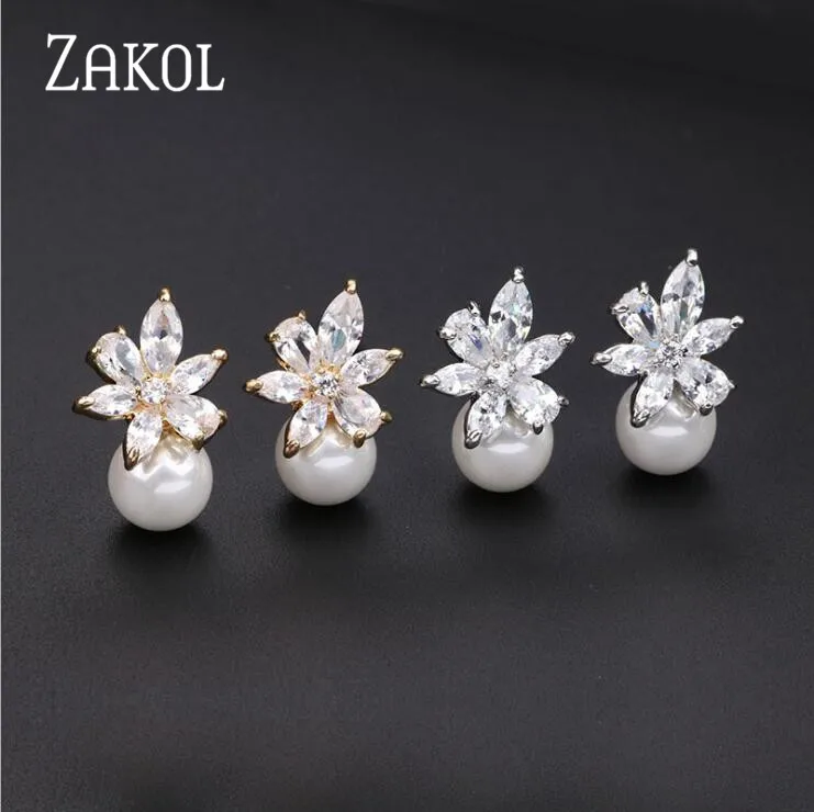 ZAKOL Fashion Cute Exquisite Flower Stud Pearl Crystal Earings White AAA Zircon For Women Jewelry Wedding Party Gifts FSEL859