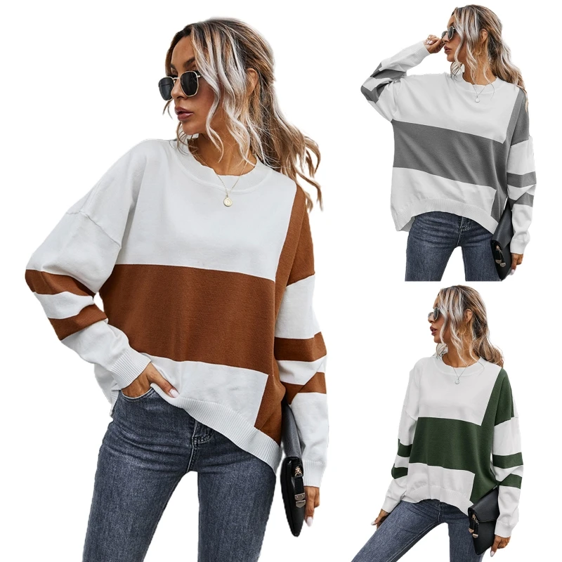 

Women Long Sleeve O-Neck Sweater Color Block Striped Irregular Hem Jumper Tops N0HE