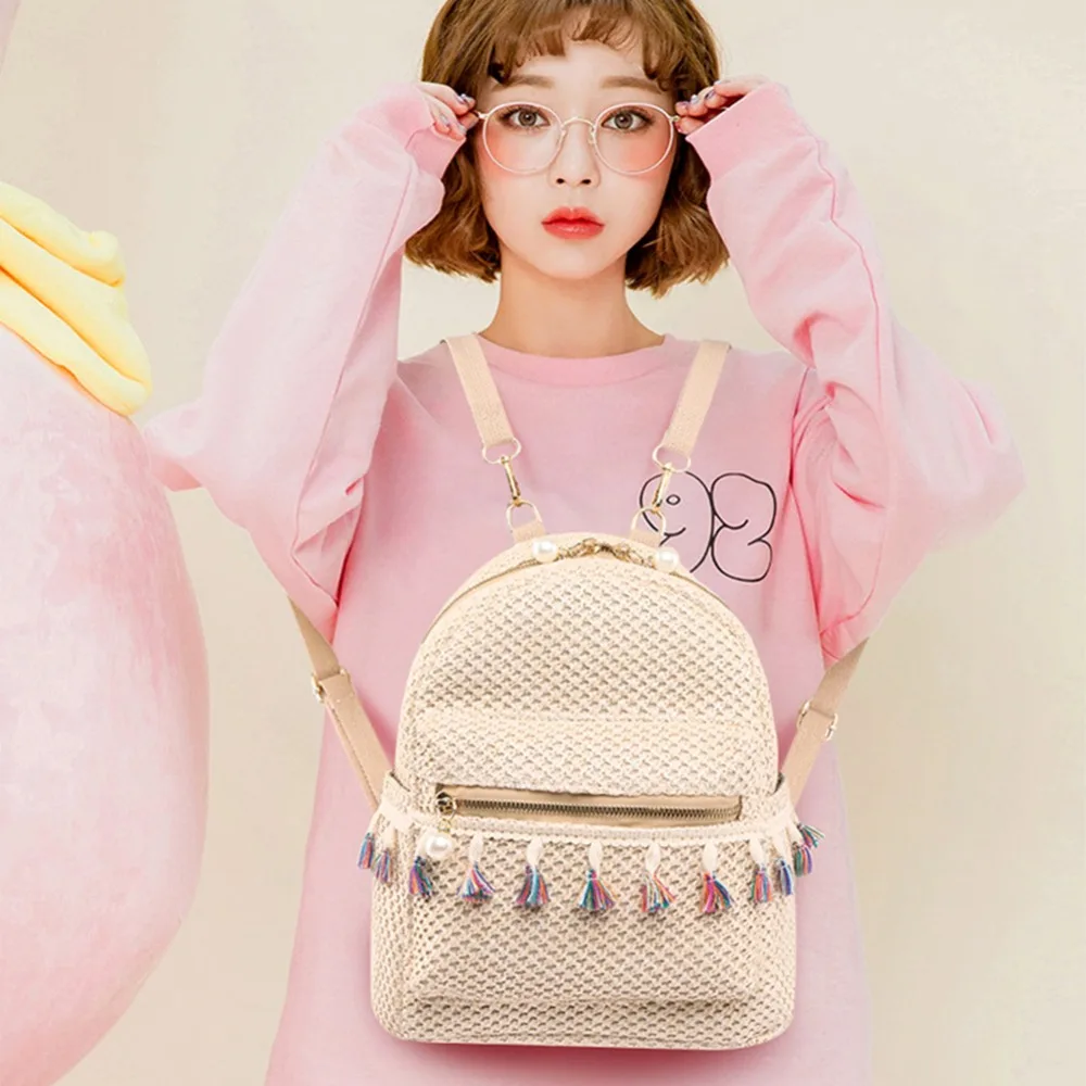 Straw Woven Bag Small Travel Backpacks Women Stripe Print Shoulder School Bags Casual Knitting Knapsack Rucksack Mochila Mujer