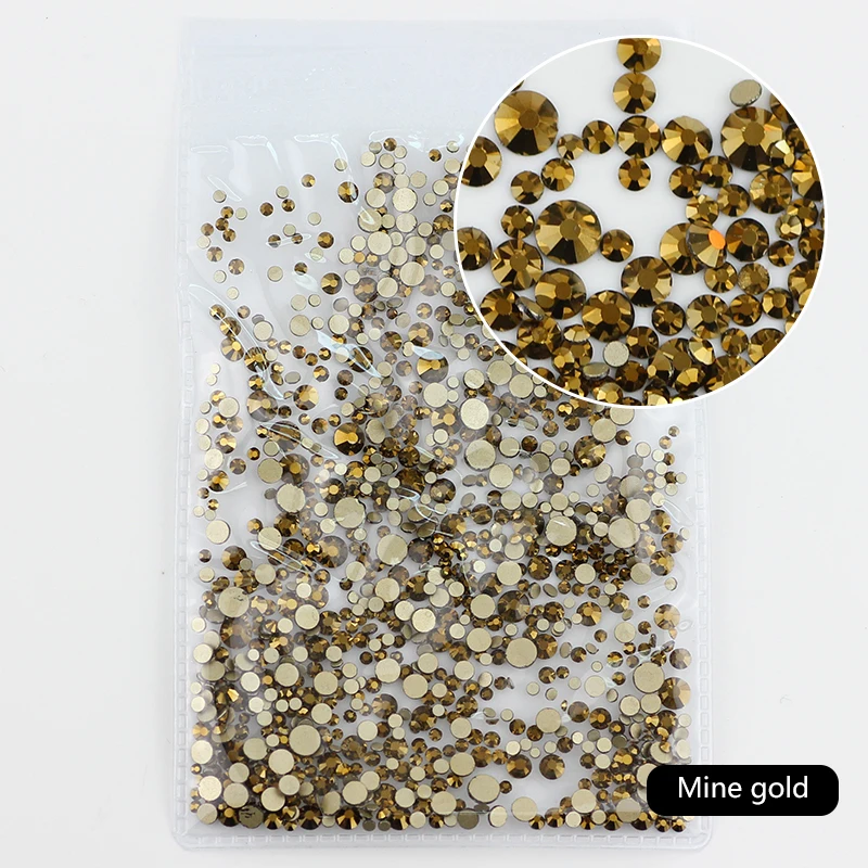 Mine gold Все цвета, разные размеры, без горячей фиксации, с плоской задней частью, прозрачные Стразы AB для дизайна ногтей, стразы для 3D украшения ногтей, блестки - Цвет: Mine gold