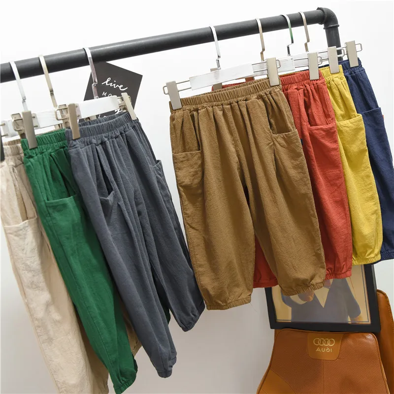 Летние противомоскитные штаны-фонарики для девочек г. Новые Летние Стильные однотонные свободные штаны-капри повседневные штаны в Корейском стиле