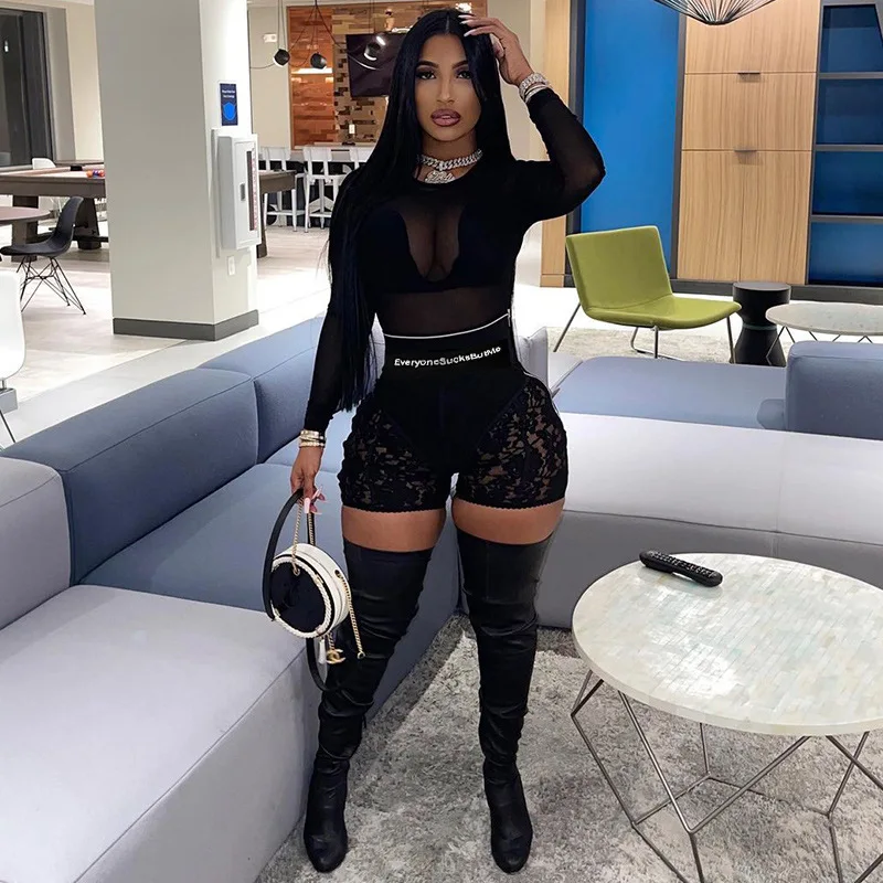 Sexy Letter Print Black Lace Shorts 
