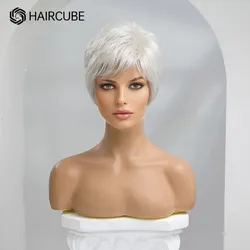HAIRCUBE White Silver Gray Short Wigs for Women Synthetic and Human Hair Blend Wig Heat Resistant Pixie Cut Puffy Wig with Bangs