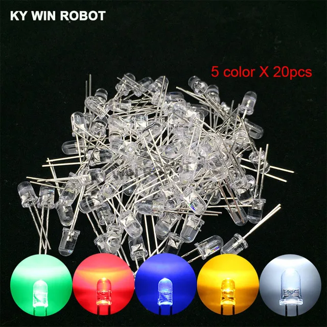 100pcs 5mm LED Diode 5 mm Assorted Kit White Green Red Blue Yellow Orange Pink Purple Warm white DIY Light Emitting Diode Transparent 5 Colors