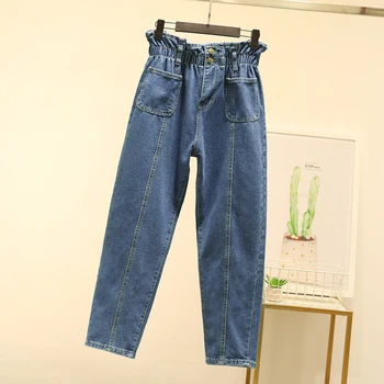 

Plus Size 5XL Blue Paperbag Waist Harem Jeans 2019 Autumn Winter New Front Stripes Pockets Loose High Waist Denim Pants Trousers