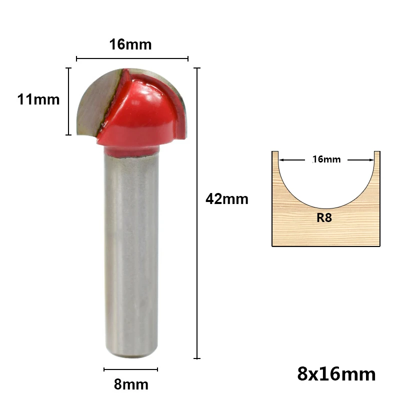 1pc 8x16mm Концевая фреза 8 мм хвостовик красный торцевые фрезы 16/19/22/25 мм стержневого ящика, Фасонная фреза для древесины, с конусообразным окончанием, радиус фрезы - Длина режущей кромки: 1pc 8x16mm