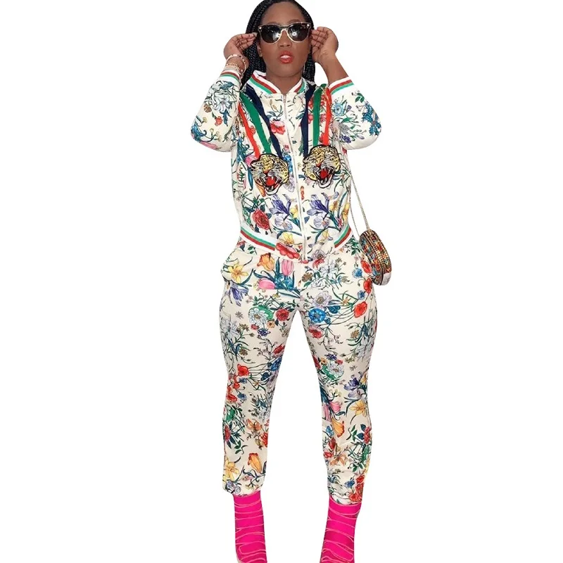 Casual print lady set zipper full sleeve coat and long pants two piece autumn clothing casual outfit DMN039 | Женская одежда
