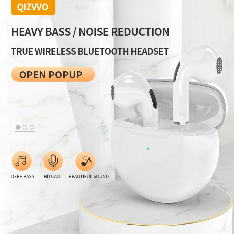 Airbuds 6 TWS Earbuds Wireless Bluetooth Earphones Touch Control Stereo Bass Noise Cancelling Sports Headset With Charging Box