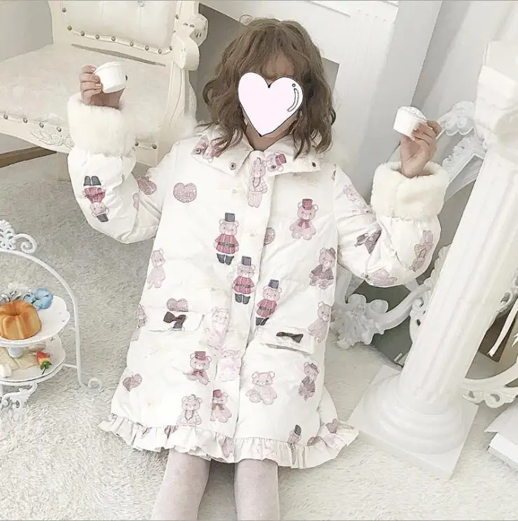Jaqueta com Capuz Outono Inverno Doce Japonês Lolita Brasão Engrosse Manter Aquecido Bonito Impressão Algodão-acolchoado Cabolsa Menina Kawaii Vitoriano
