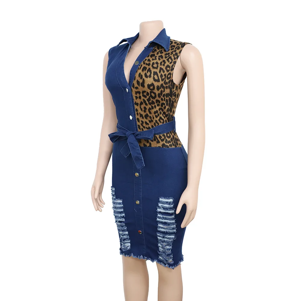 Yooneedi осеннее дизайнерское Сексуальное Женское джинсовое платье пэчворк Леопардовый отложной воротник дамы миди платье(с поясом) XL98025-1