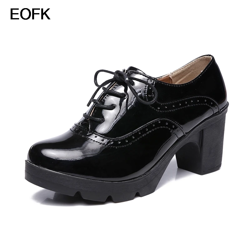 EOFK Spring Autumn Women Brogue Patent Leather Square High Heels Classics Black Lace-up Derby Oxfords Pumps Lady Casual Shoes | Обувь