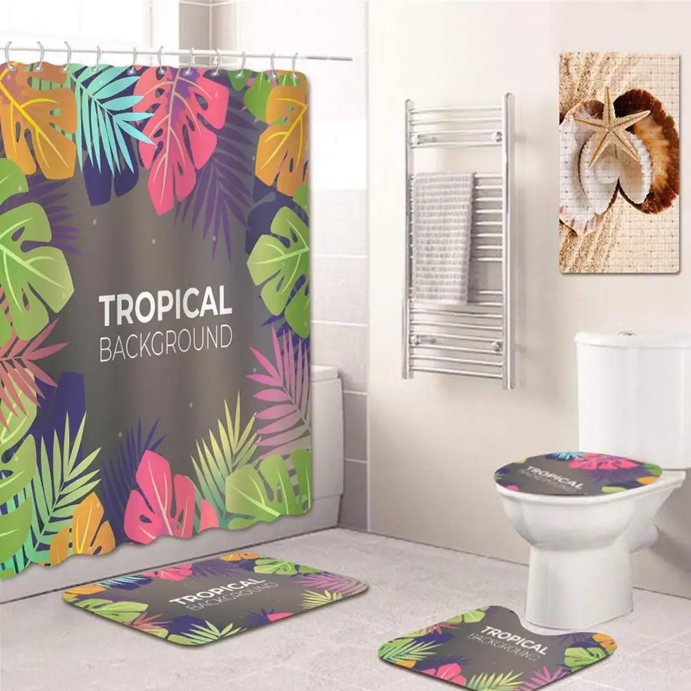 

Tropical Plant Style Bathroom Decorative Shower Curtain Non-Slipe Mat Toilet Cushion Four-Piece Set Combination