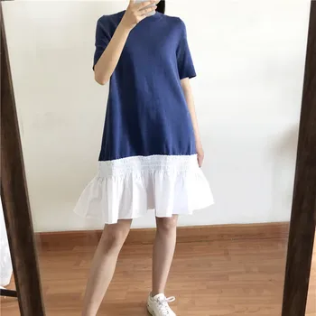 

Women's Loose Knitted Mini Dress Short Sleeve O Neck Ruffle Patchwork Spring SummerCasual Knitwear Dress For 2020 Spring Summe