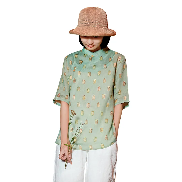 QPFJQD 2021 Summer Vintage Print Button Ladies Pullovers Shirts Simple Loose Comfortable Women Stand Collar Blouse Tops | Женская одежда