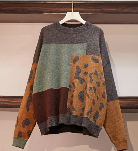 sweater HAMALIEL, свободный Свитер оверсайз, комплект из 2 предметов, Осень-зима, Леопардовый принт пэтчворк, вязаные пуловеры для ленивых+ узкие шерстяные штаны, комплект - Цвет: sweater