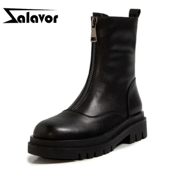 

ZALAVOR Real Leather Women Mid Calf Boots Front Zipper Round Toe Shoes Winter Warm Boots Women Fashion Party Footwear Size 34-40