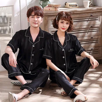 

Casual Couple Intimate Lingerie Men&Women Pajamas Suit Satin Striped 2PCS Shirt&Pants Home Clothes Autumn New Nightgown