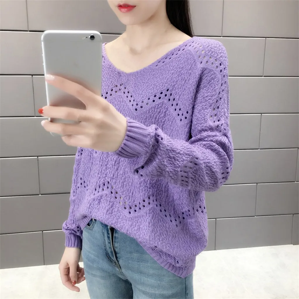 Jaycosin Fashion Women Casual Simple Long Sleeve Knitting V-Neck Sweater Stylish Comfortable Bottoming Hollowed Out Sweater