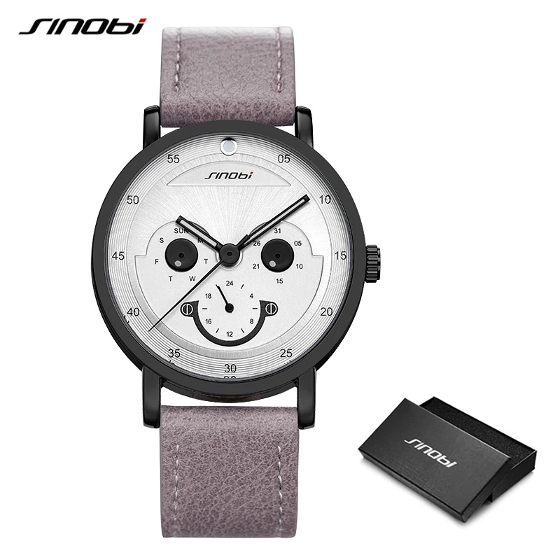 

SINOBI Men Watches Monkey Face Creative Watch Men Fashion Casual Genuine Leather Watch Date Week Sports Analog Quartz Wristwatch