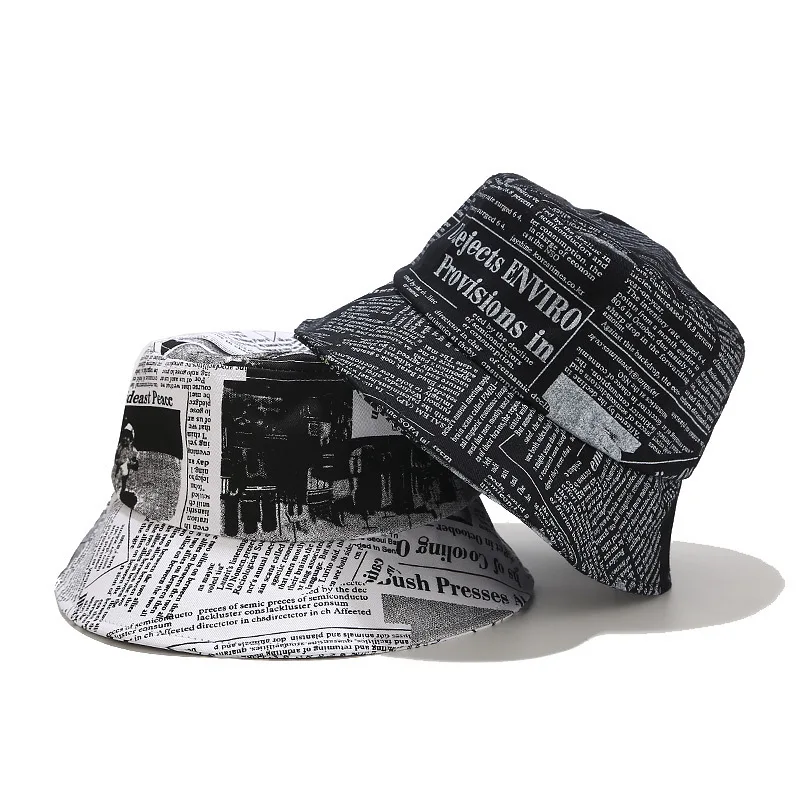 

Harajuku Style Newspaper Bucket Hats Spring Summer Fashion Cotton Printed Sun Hats Men Women Double Sided Folding Travel Hats