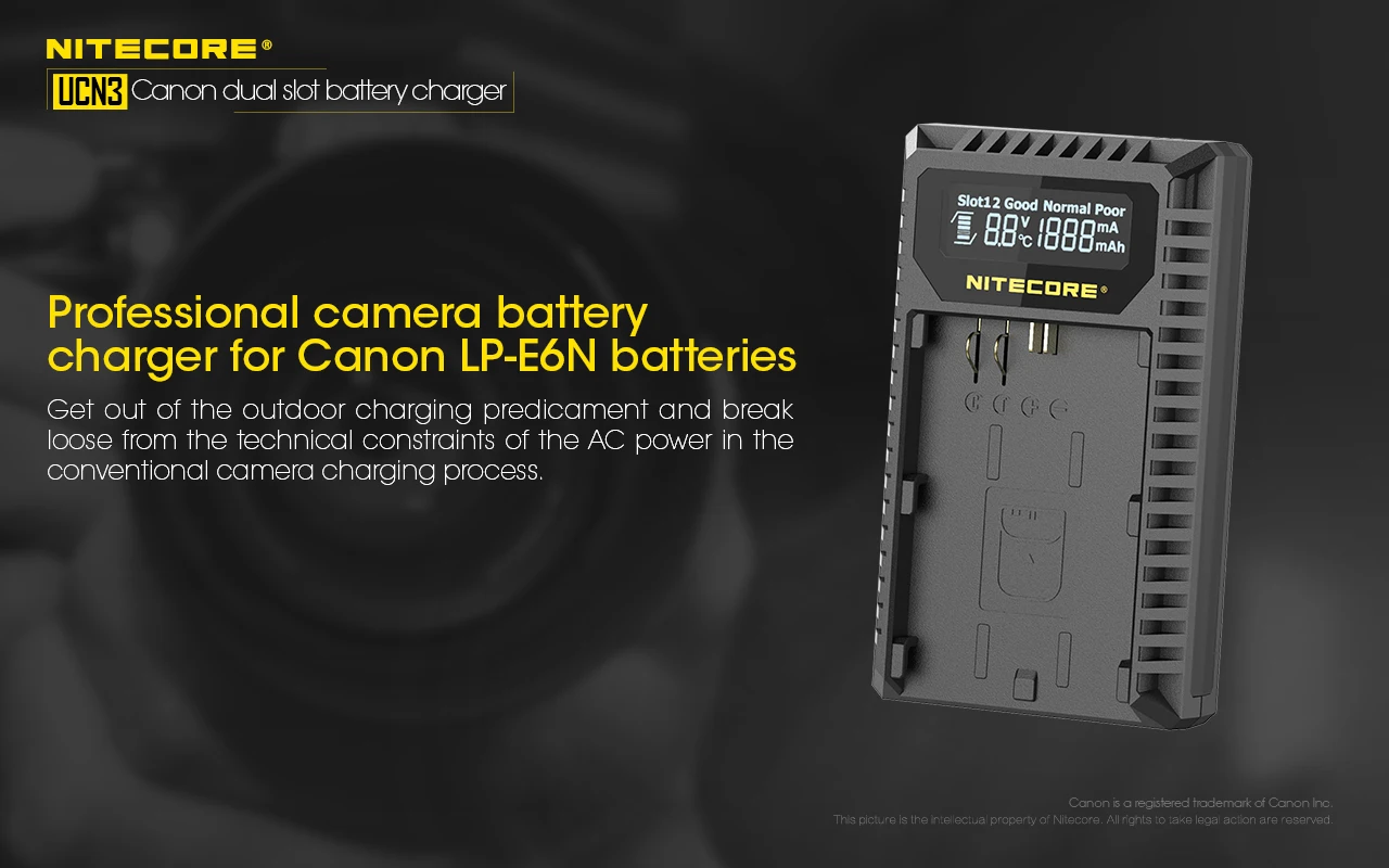 NITECORE UCN3 Camera Battery Charger Digital USB Dual Slot Charger DC 5V 2A for Canon LP-E6N EOS 5DS 6D 7D 90D R5 R6 Ra 60D 70D