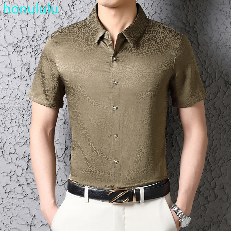 Solid color short sleeve shirt men's silk like jacquard mercerized cotton middle age loose casual shirt half sleeve summer thin