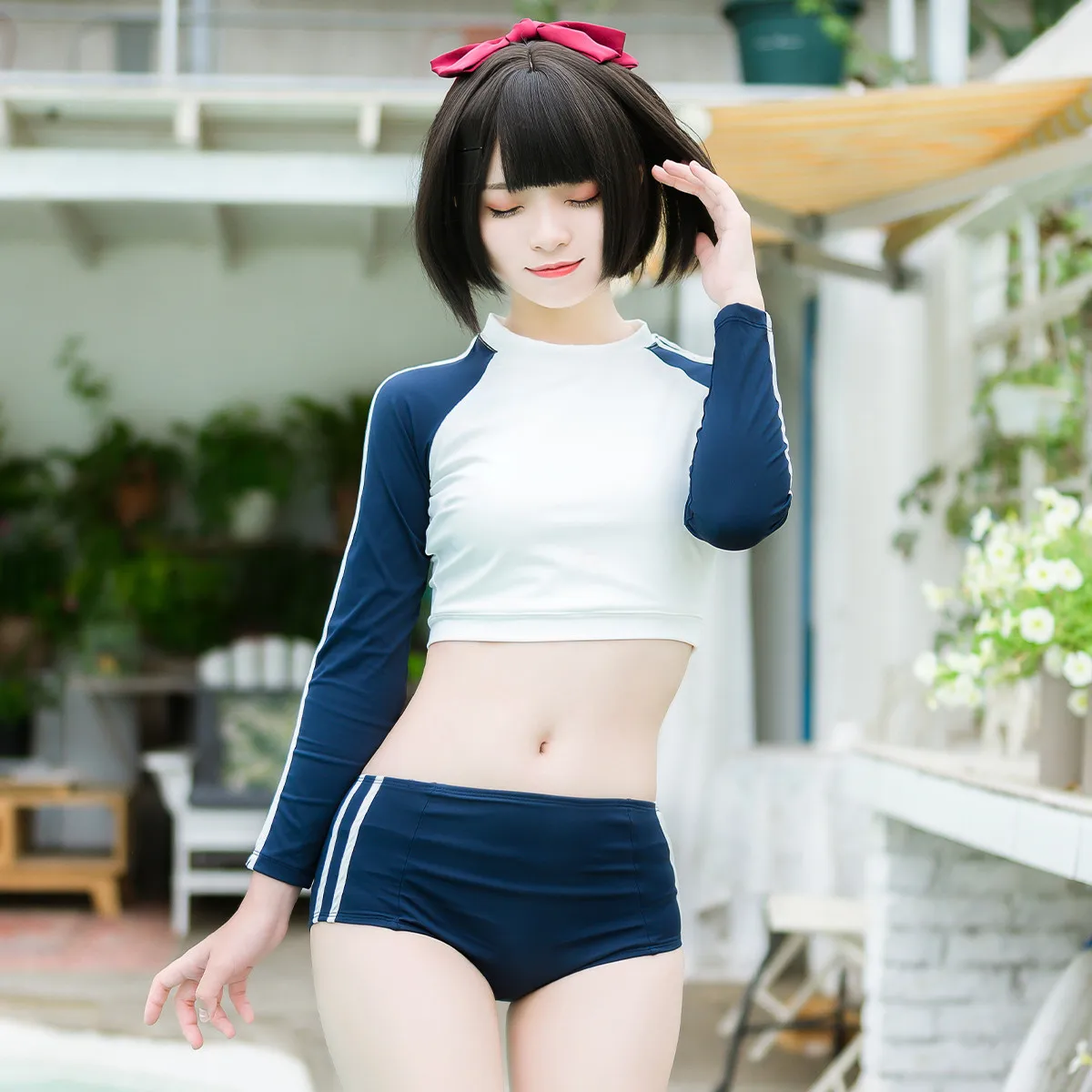 

Japanese Girl Long Sleeve Gym Suit Sukumizu Female Swimsuit Sexy Women's Private Take Photo Swimwear Pajamas 2Pcs Lingerie Set