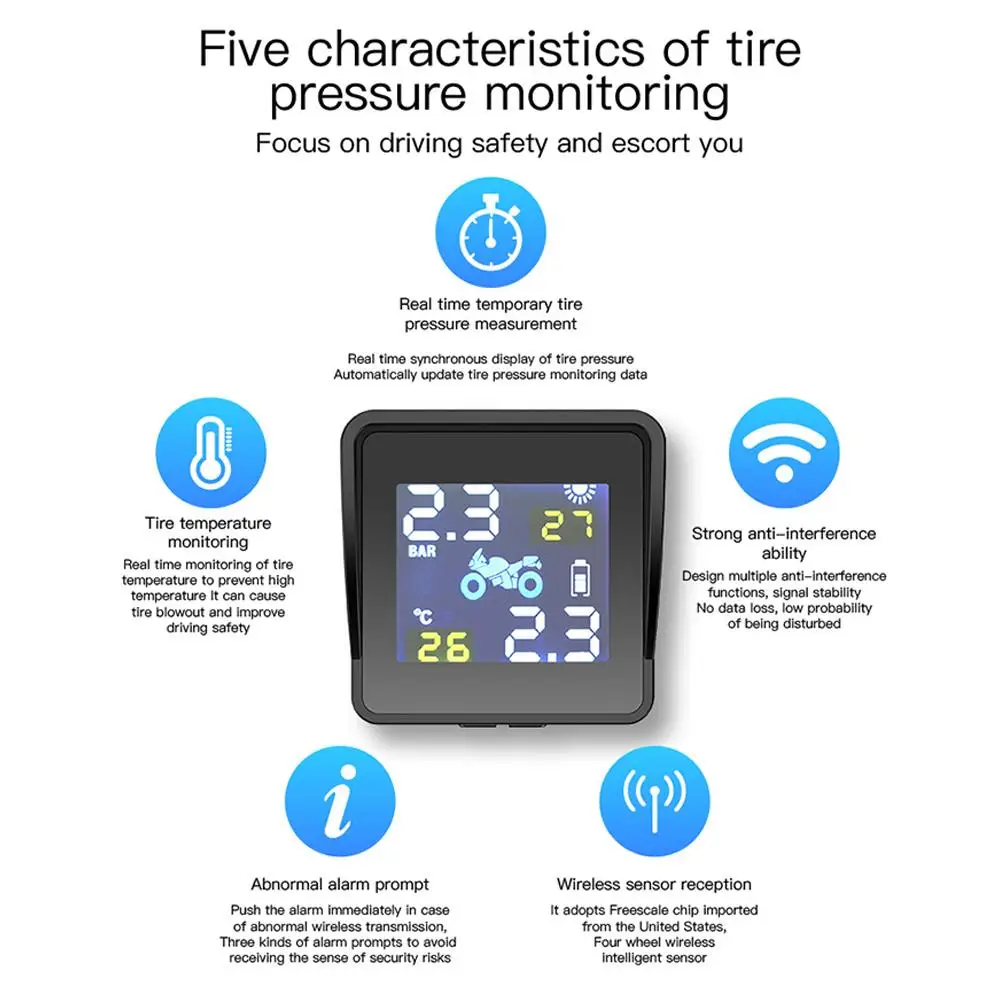 Мото TMPS Мониторинг давления в шинах Солнечная энергия мотоцикл 2 шт. TPMS сенсор ЖК-дисплей цветной экран сигнализация давления в шинах