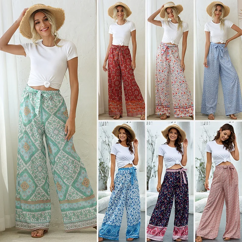 

Vintage Pants Women Floral Print Wide Leg Bohemian Pants Ladies Sashes Loose Rayon Boho Long Pants