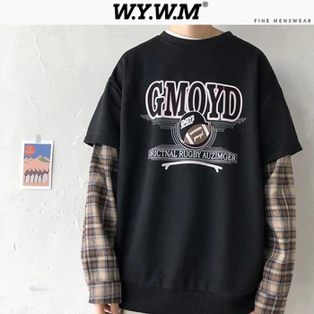 

WYWM Mens 2020 Fake Two Pieces Lattice Print Spring Men Fashion Korean Sweatshirt Male Hip Hop O-Neck Streetwear Soft Clothes
