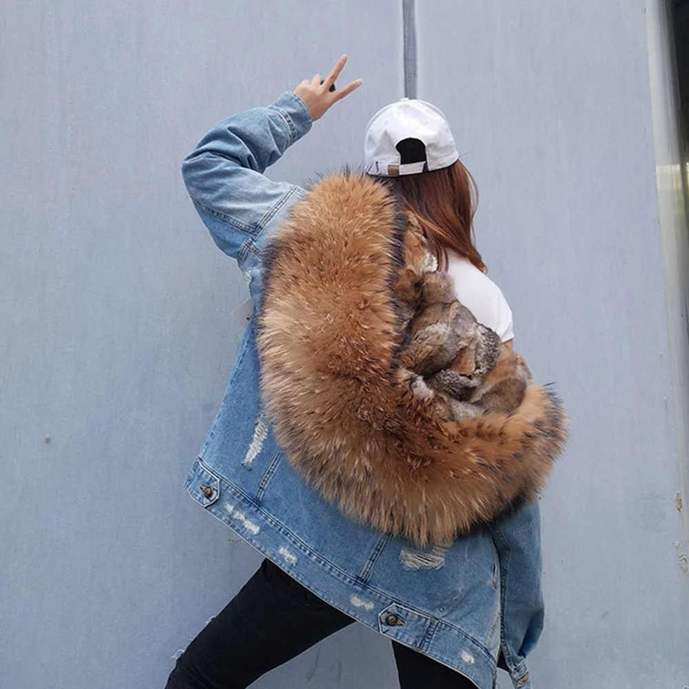 2020 new ripped denim pie overcoming rabbit fur