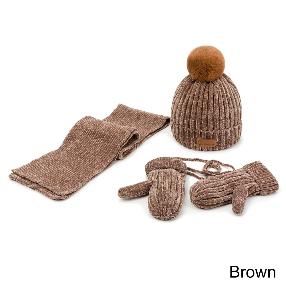 Детская зимняя шапка, шарф, перчатки, комплект, зимняя теплая шапка с помпоном, Детский мягкий вязаный шарф, веревочные перчатки на шею, 3 шт - Цвет: B