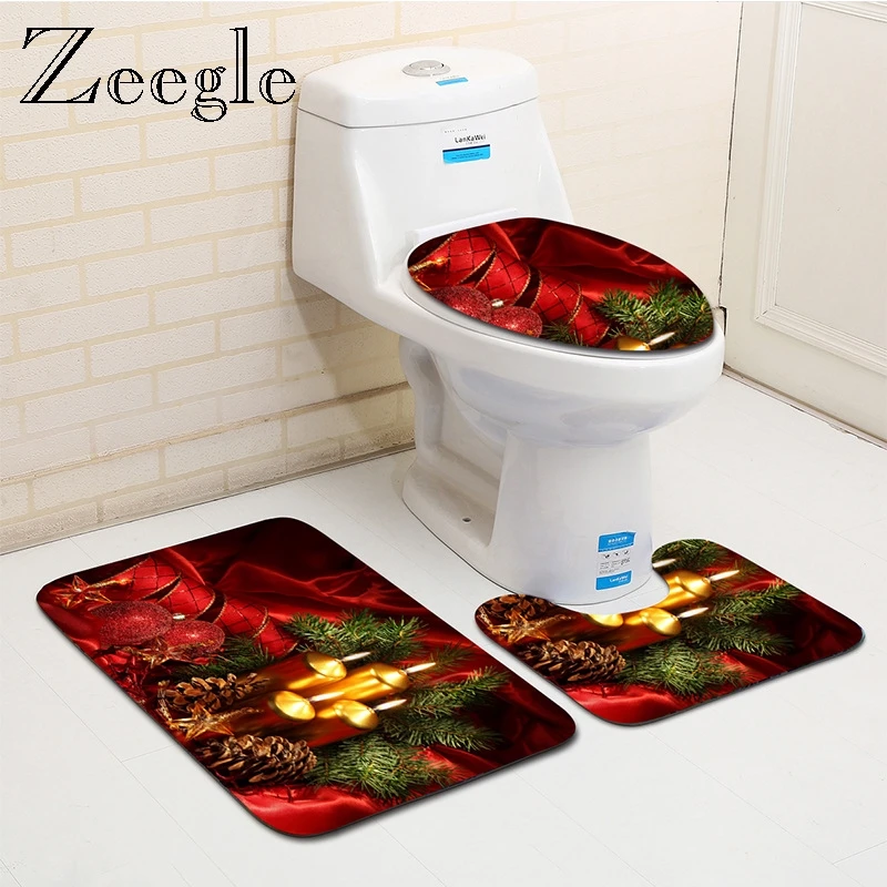 Zeegle Christmas Bathroom Rug Set Anti Slip Bathroom Carpets Absorbent Toilet Pedestal Rug Foot Mat Washable 3pcs Toilet Set