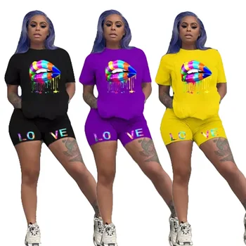 

2020 Summer New TrackSuit Fashion Casual Sports Suit Lip Printings T-shirt Shorts Two-Piece Set 3 Color S-3XL