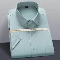 Men Summer Short Sleeve Shirt Stretch Striped Dress Shirts Slim Fit Formal Business Wrinkle Resistant Thin Cool Casual Shirts 1