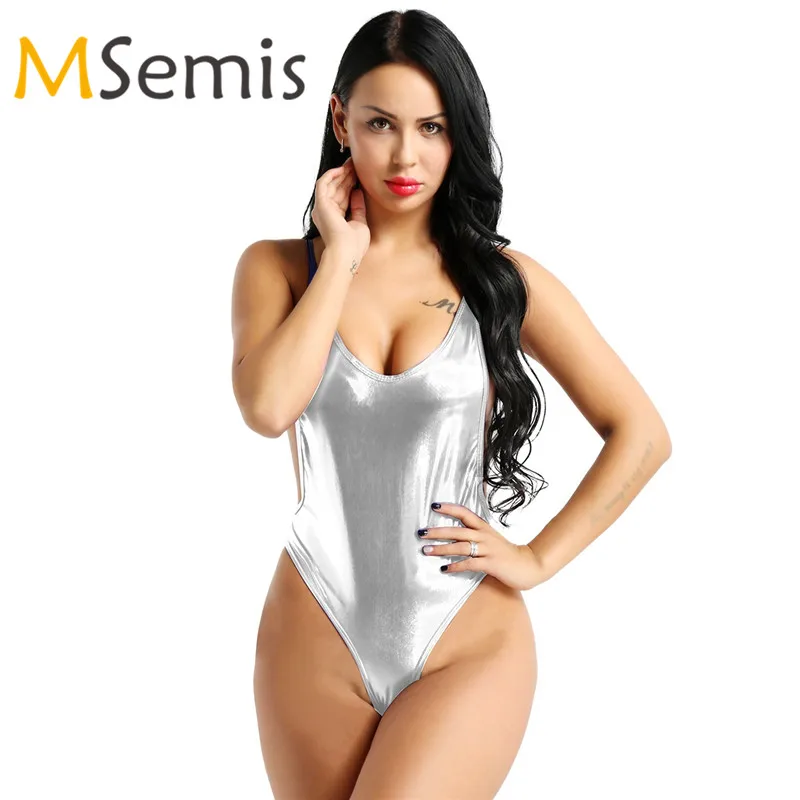 

Women's Leohex Swimsuit Patent Leather One-piece Swimwear Thong Gymnastics Leotard Swimming Suit Sleeveless Bodysuit Jumpsuit