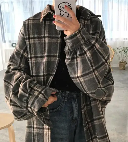 gray Harajuku, Осенний клетчатый Тонкий шерстяной кардиган, корейский, с пышными рукавами, тонкая теплая рубашка, куртка, Ретро стиль, повседневный женский топ на пуговицах - Цвет: gray