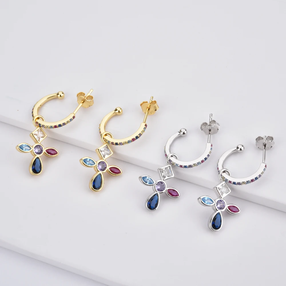 ANDYWEN 925 Sterling Silver Five Color Gold Rainbow Cross Drop Earring Hoops Piercing Ring Jewelry Set For Women Fashion Jewels