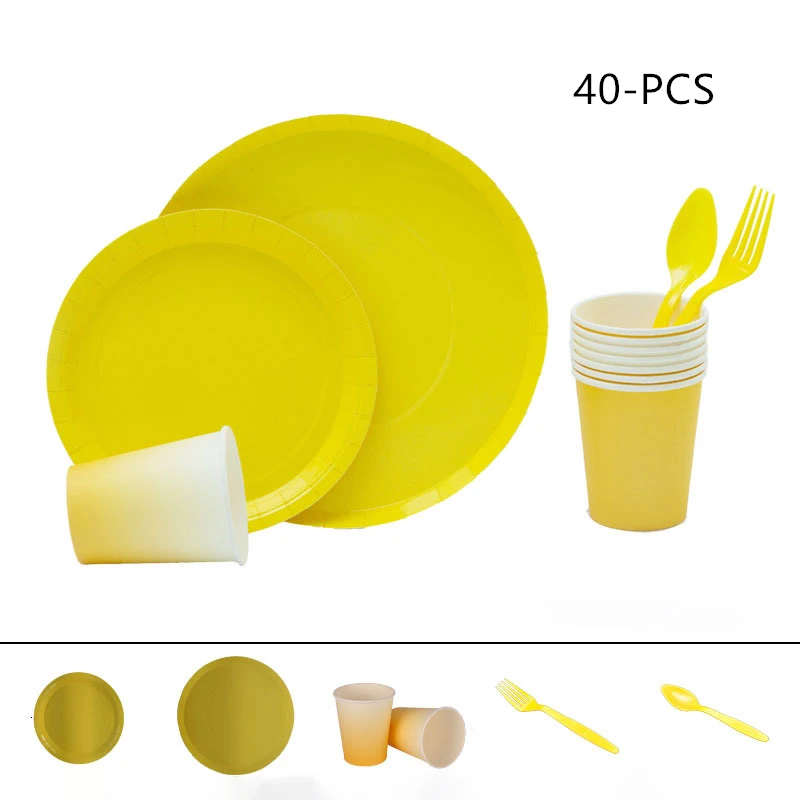 40 * шт сплошной Цвет одноразовая посуда детская Праздничная посуда вечерние Baby Shower вечерние поставки, пластина + Бумага чашка + вилка + ложка