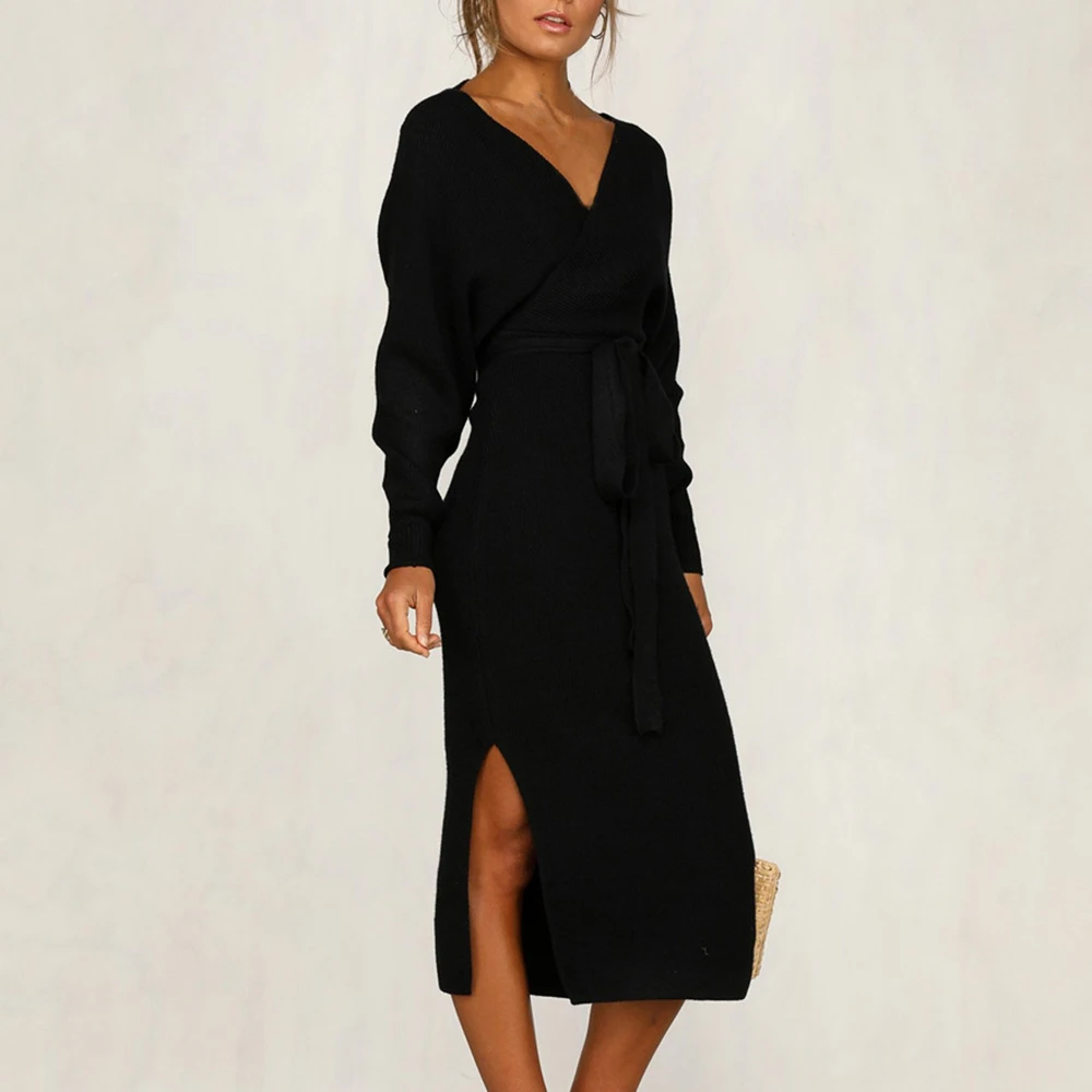 Вязанная одежда с длинным рукавом, v-образным вырезом и поясом, Vestidos Ropa, длинные вязанные свитера, женские платья, женское платье миди, женская одежда, топы