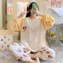 

Disney Minnie Mouse Autumn Winter Pyjamas Women 2 Piece Set with Pants Ladies Home Sleepwear Loose Soft Velvet Pijama Femme 2021