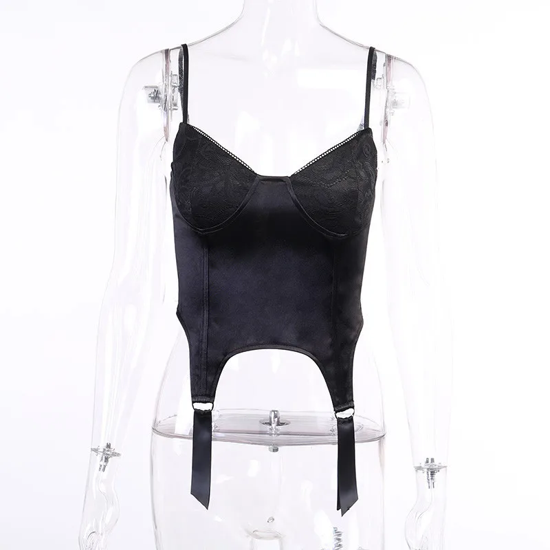 Gothic Style Female Black Suspender V-neck Low-cut Lace Trim High-waist Crop Top Sexy Backless Ladies Nightclub Party Wear