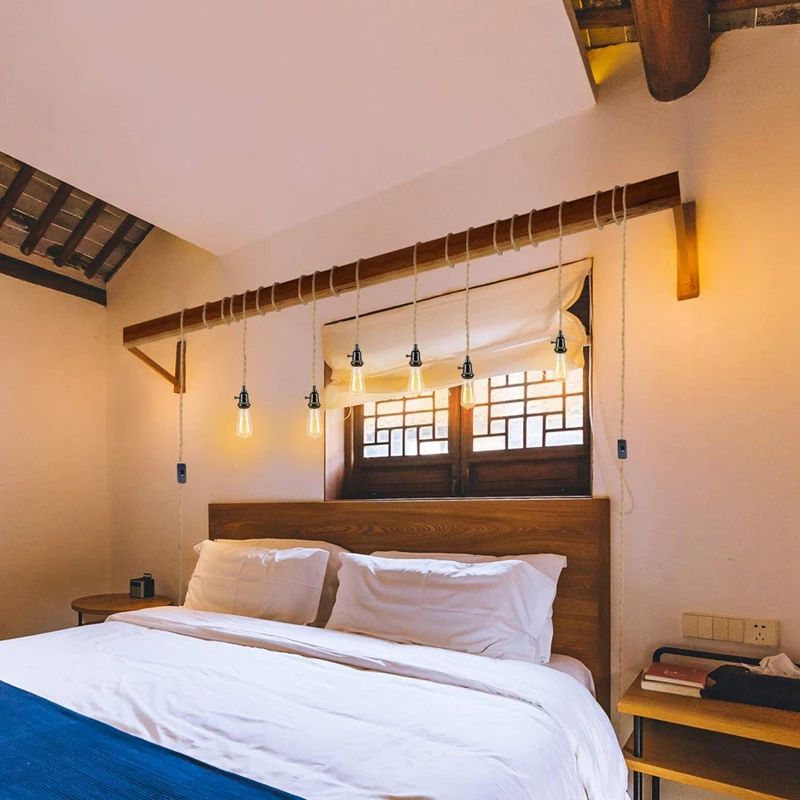 Vintage Hemp Rope Pendant Light 4.5/6.8M DIY Indoor Lighting Pendant Lamp with Switch for Living room Bedroom Dinning room