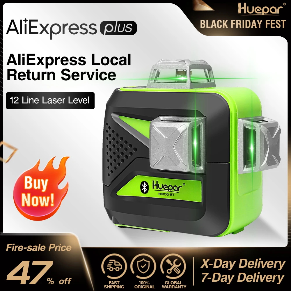 US $142.06 Huepar 3x360 Green Beam 3D Laser Level With Bluetooth Connectivity SelfLeveling Cross Line USB Charge Use Dry LiIon Battery
