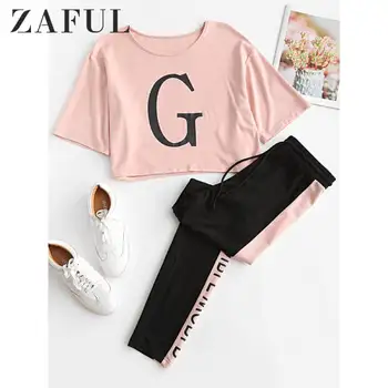 

ZAFUL Letter Graphic Two Tone Drawstring Pink Tee And Black Pants Suits New 2019 Hot Sale Casual Outfits Women'S Two Piece Set