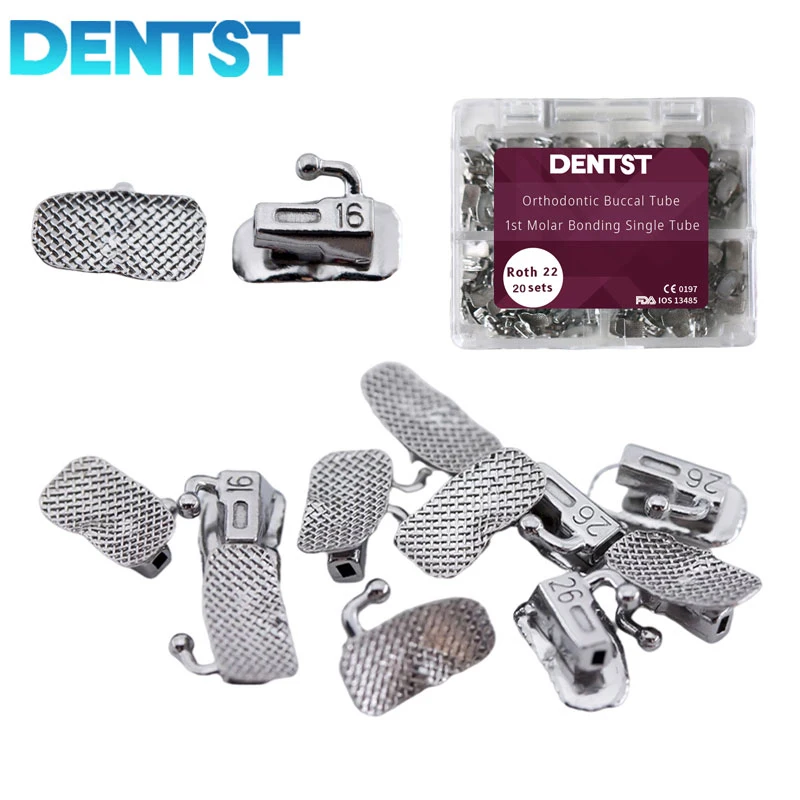 Dentst-Tubes buccaux dentaires liables orthodontiques, base en maille non convertible, tube unique Roth MBT 0.022, 1ère, 2ème molaire, 20 ensembles par boîte