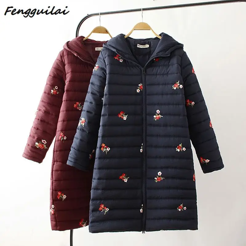 

Red 4XL Plus Size Women Long Parkas Coats Vintage Floral Print Thick Fleece Jacket Winter Female Hooded Warm Outerwear Parkas