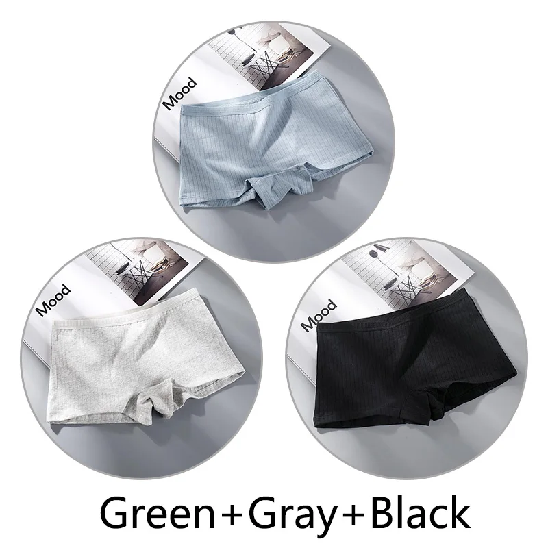 Green Gray Black 3 шт./партия, женские хлопковые трусы для мальчиков, сексуальные бесшовные трусы средней высоты, однотонное мягкое нижнее белье, женское нижнее белье, сотовая промежность - Цвет: Green Gray Black