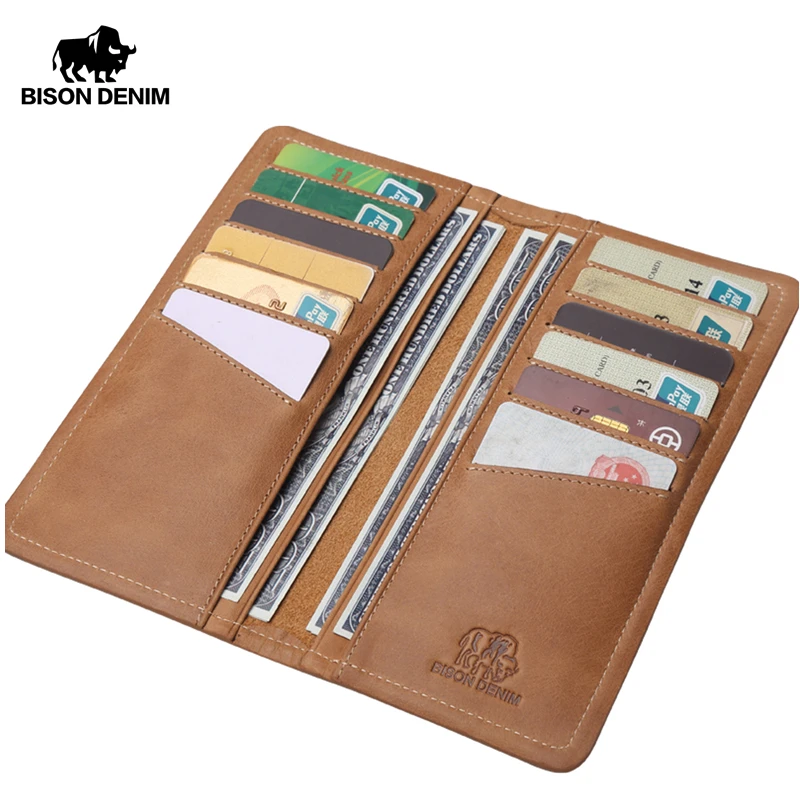 

BISON DENIM Genuine Leather Men Wallet Vintage Brown Long Clutch Large Capacity 12 Card Holder Wallet Slim Male Purse N4386